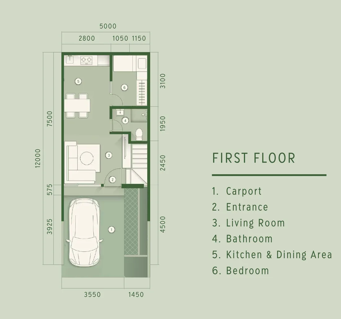 Denah lantai 1 rumah LACE 5 Lacewood Forestine: carport, entrance, ruang tamu, kamar mandi, dapur dan ruang makan, serta satu kamar tidur