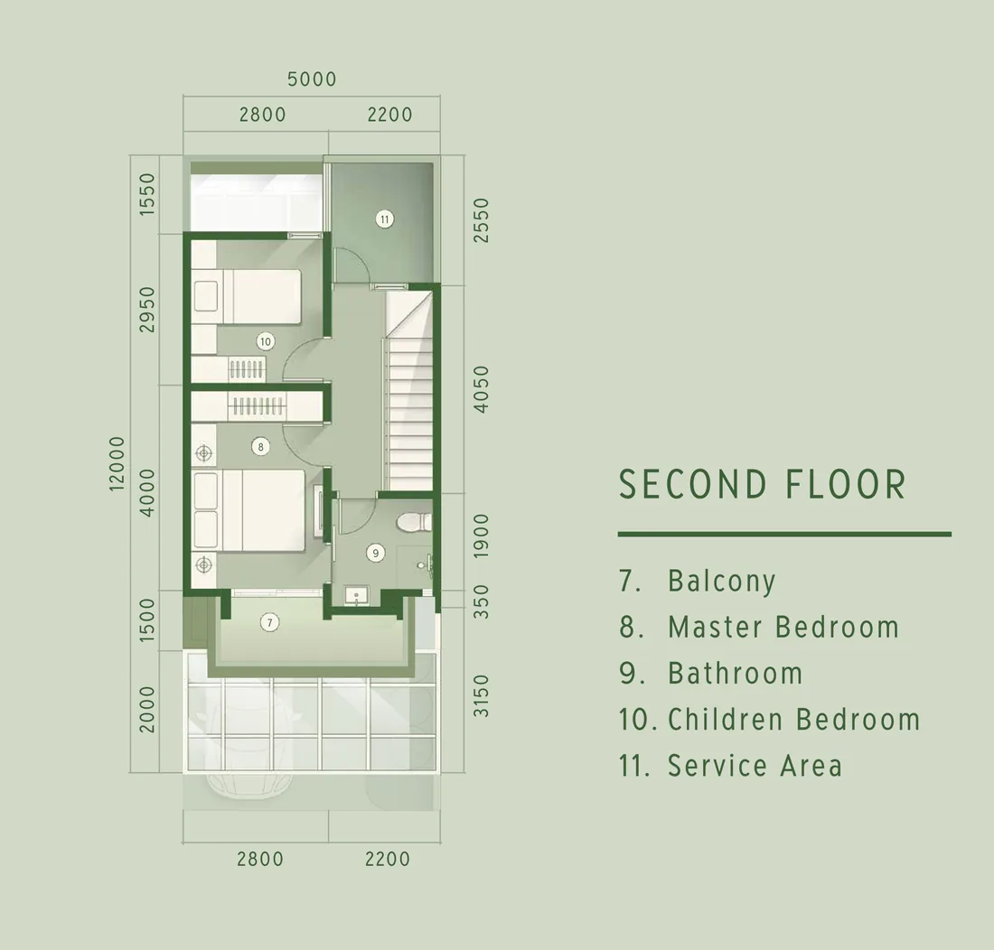 Denah lantai 2 rumah LACE 5 Lacewood Forestine: balkon, kamar utama, kamar mandi, kamar anak, dan service area