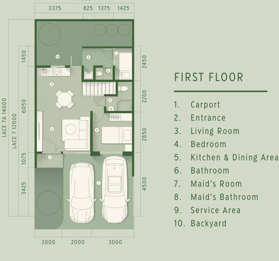 Denah lantai 1 rumah LACE 7 di Lacewood, The Forestine Citra, CitraGarden City Jakarta Barat