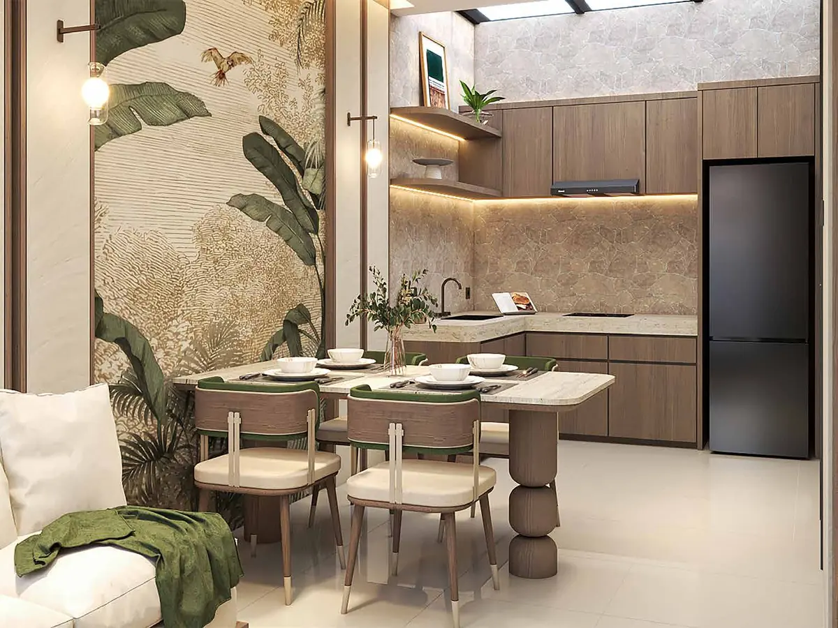 Dapur dan ruang makan LACE 5 Lacewood Forestine yang menyatu dengan ruang tamu