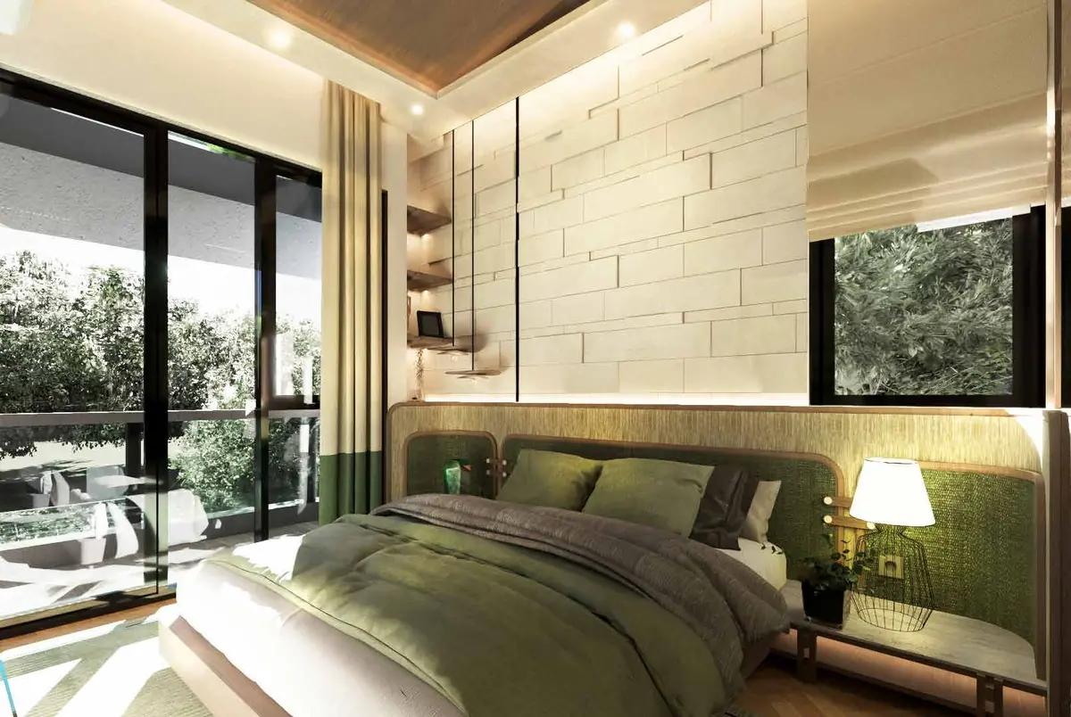 Kamar utama LACE 5 Lacewood Forestine dengan jendela lebar menghadap ruang hijau