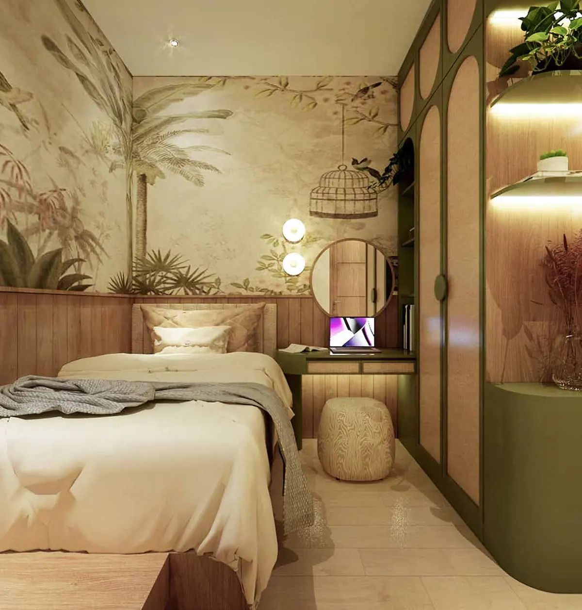 Kamar tidur kedua, dengan meja rias dan lemari built-in LACE 6 di Lacewood, The Forestine Citra, CitraGarden City Jakarta Barat