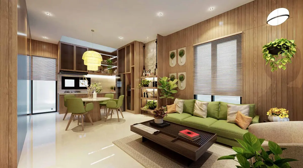 Ruang keluarga yang menyatu dengan ruang makan dan dapur LACE 6 di Lacewood, The Forestine Citra, CitraGarden City Jakarta Barat