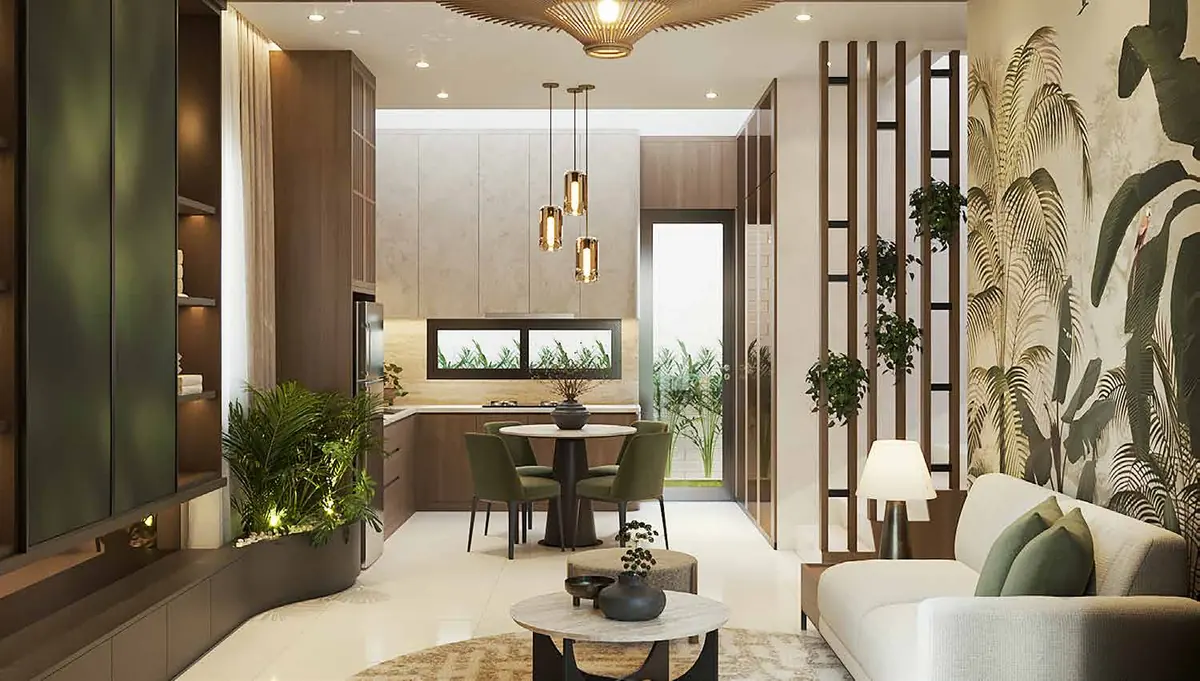 Ruang keluarga yang menyatu dengan ruang makan dan dapur LACE 7 di Lacewood, The Forestine Citra, CitraGarden City Jakarta Barat